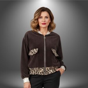 Brown velvety bomber jacket with animal print trims NWT